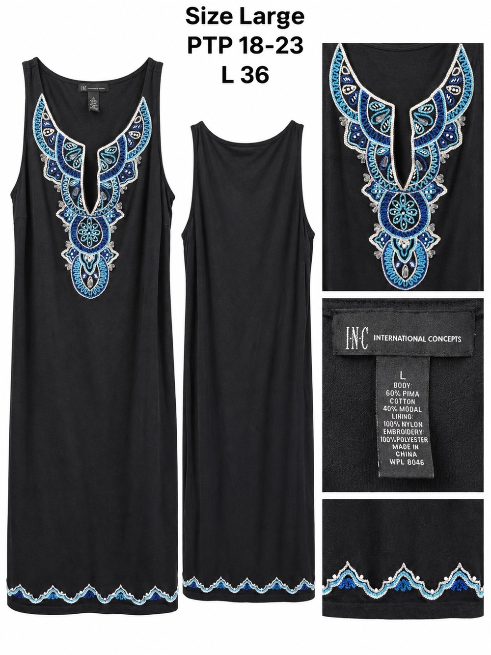 INC International Concepts Black Maxi Dress with Blue Embroidered Neckline